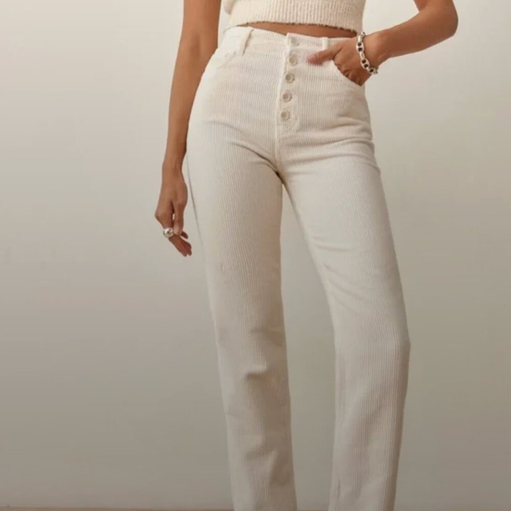 Reformation Cynthia Button Fly High Rise Straight Corduroy Pants in Cream - Picture 2 of 10